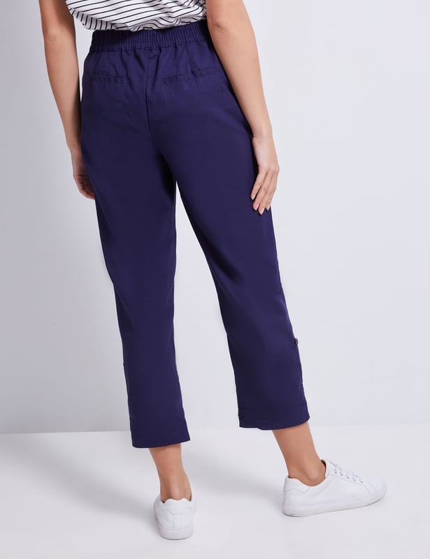 KATIES Womens Pants Navy Blue Linen Blend Roll Up Capri
