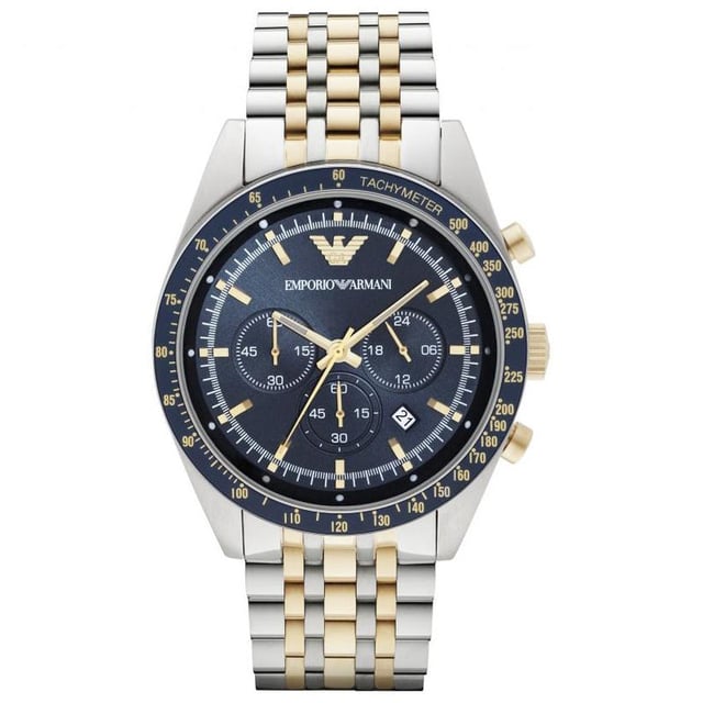 Japanese Made Quartz Chronograph Movement.  46mm x 13mm Stainless Steel Case. Solid Caseback. Blue Tachymeter Bezel. Gold PVD Plated Steel Pushers and Crown. Blue Dial. Luminous Gold PVD Plated Stainless Steel Hands and Indexes. Date between 4 and 5 O'Clock. 24mm x 20cm Two Tone Gold PVD Plated Steel and Stainless Steel Bracelet with Stainless Steel Butterfly Clasp.