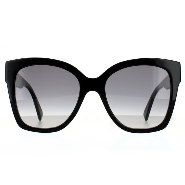 Gucci Square Womens Black Grey Gradient  Sunglasses Gucci are a feminine, oversized cat-eye style. They have a retro aesthetic and are made fully from glossy acetate. Signed off with the Gucci text logo and signature Gucci colors at the hinges.