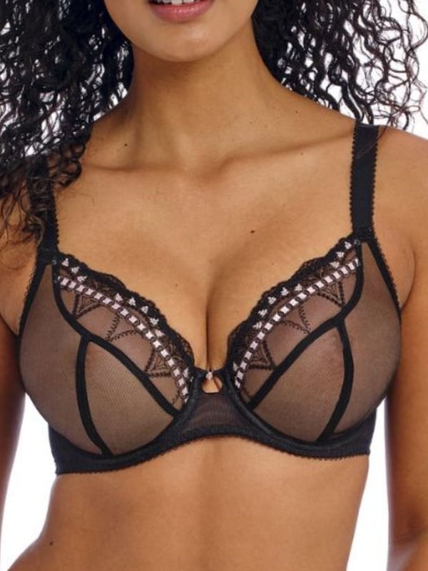 Freya Loveland Plunge Bra. With embroidered geometric design, a plunge neck and plain powernet wing. Product is recommended hand-wash only.