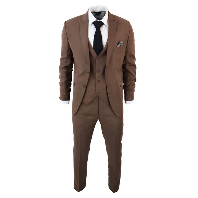 Indulge in Classic and Elegant Design with this men's 3-piece suit, featuring a timeless Brown color ideal for formal occasions. Product Design Bullet Points:  
Versatile Formal Attire: Suitable for weddings, business events, or special occasions, ensuring a sharp and well-dressed look.
 
Complete 3-Piece Set: Includes a jacket, vest, and trousers for a polished and coordinated outfit.
 
Premium Material: Crafted from high-quality materials for comfort and durability.
 
Tailored Fit: Offers a tailored fit that complements your body shape, enhancing your appearance and confidence.
 
Timeless Brown Color: Perfect for a classic and sophisticated look, suitable for various formal settings.  Â Made from a blend of 65% Polyester and 35% Viscose for a comfortable and stylish finishSizes	Jacket & Trouser Size
36R :	36" (Chest) 30" (Waist)
38R :	38" (Chest) 32" (Waist)
40R :	40" (Chest) 34" (Waist)
42R : 	42" (Chest) 36" (Waist)
44R :	44" (Chest) 38" (Waist)
46R : 	46" (Chest) 40" (Waist)
48R :	48" (Chest) 42" (Waist)
50R :	50" (Chest) 44" (Waist)
52R :	52" (Chest) 46" (Waist)
54R :	54" (Chest) 48" (Waist)