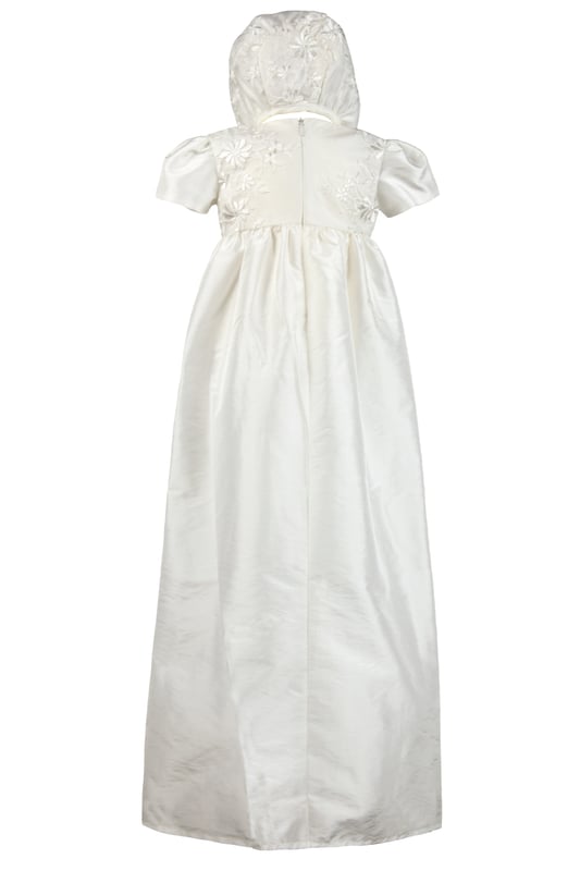 Fairly new to our traditional gown collection is style HARMONY Christening robe.  Suitable for baby girls or boys, this would make a beautiful heirloom. 
 
This long christening robe is made from our popular Mock Silk, easy for spot cleaning when your little one has that inevitable milk burp. We've all been there...
It has short sleeves and beautiful lace details on the body running down the full length of the skirt. 
We've added some lace detailing to the back as well. Don't forget when you hold your baby towards you, the back of the dress will be seen by everyone. It's always good to have some interesting details on the back. The opening is a concealed zip fastening.
We've complimented this gown with a matching bonnet that ties at the neck. Traditional and classic throughout.
 
We always line our dresses and robes in 100% lightweight Cotton fabric which is cool and better against babies body, especially if they have sensitive skin
 
The outfit arrives to you on a Satin padded hanger and protected by one of our Heritage keepsake garment bags.
 
Outer - 100% Polyester Mock Silk - Ivory
Lining - 100% Cotton
Dry Clean or Hand Wash