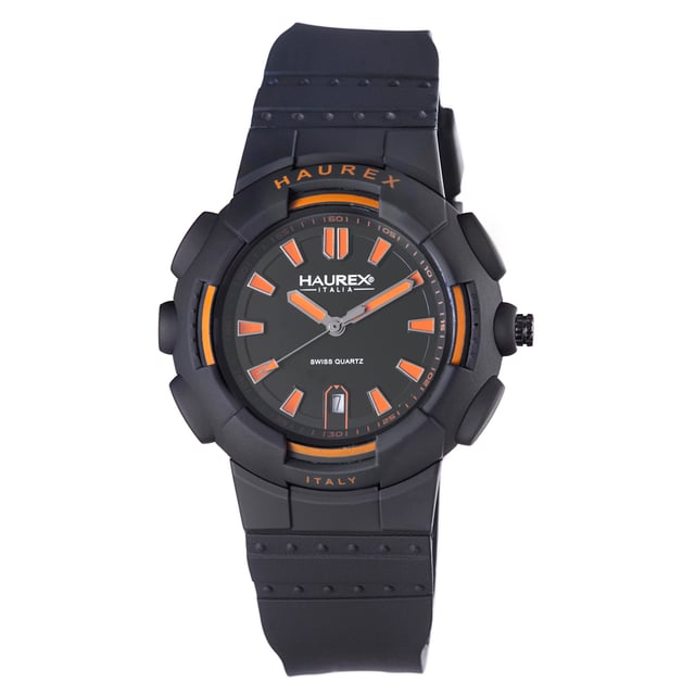 This bold black Haurex "Tremor" timepiece boasts a stylish, athletic design while maintaining its precision and practicality. Quartz movement with analog display. Protective mineral crystal dial window. Features second hand, date window at six o'clock, minute track on inner bezel. Water resistant to 165 feet (50 M): suitable for swimming and showering.