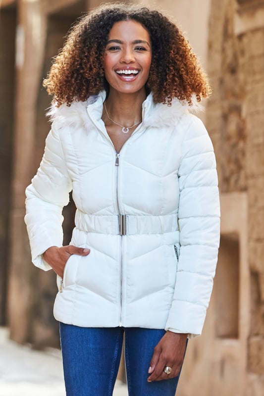 Padded coat with on sale fur hood and belt