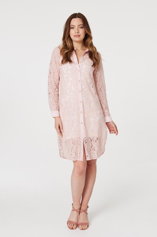 Add a twist to a traditional shirt dress with this sheer lace longline dress. Made from 100% cotton, it has a collar, V-neck, button front, long sleeves with tailored cuffs and a knee length hem. Layer over leggings and pair with your favourite heels, or leave unbuttoned for a chic warm weather alternative to a coat or cardigan.