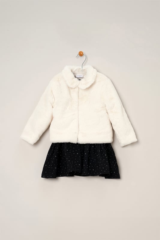 Elevate her party season wardrobe with this 3-Piece Set from Miss. This trendy set includes a faux fur jacket with collar, printed tiered dress, and matching tights. This fashionable outfit set will make dressing easy all season long!