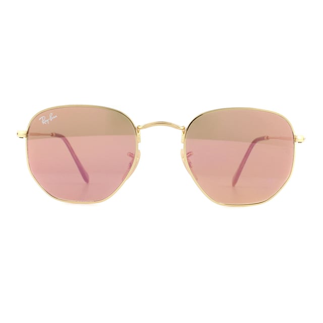Ray-Ban Sunglasses Hexagonal 3548N 001/Z2 Gold Copper Flash Mirror are a very unique hexagonal shaped frame and feature the latest flat crystal lenses for a updated version of the classic metal round sunglasses. Super thin temples and coined profile to the frame finish the modern fashionable look..