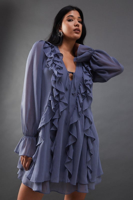 Plunge ruched ruffles cuff mini dress top