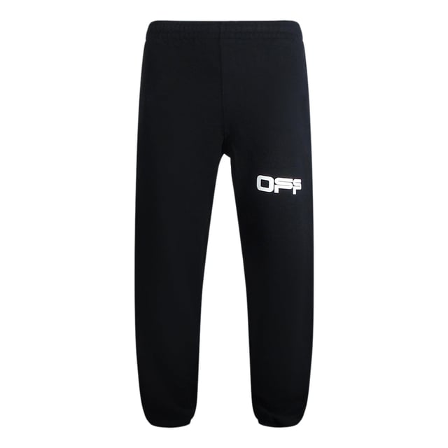 Gebroken witte zwarte joggingbroek, gebroken wit merklogo op het linkerbeen, elastische taille en manchetten, kenmerkend merkontwerp, strepen van luchthaventape op de onderbenen aan de achterkant. 100% katoen, gemaakt in Portugal, zwarte joggingbroek