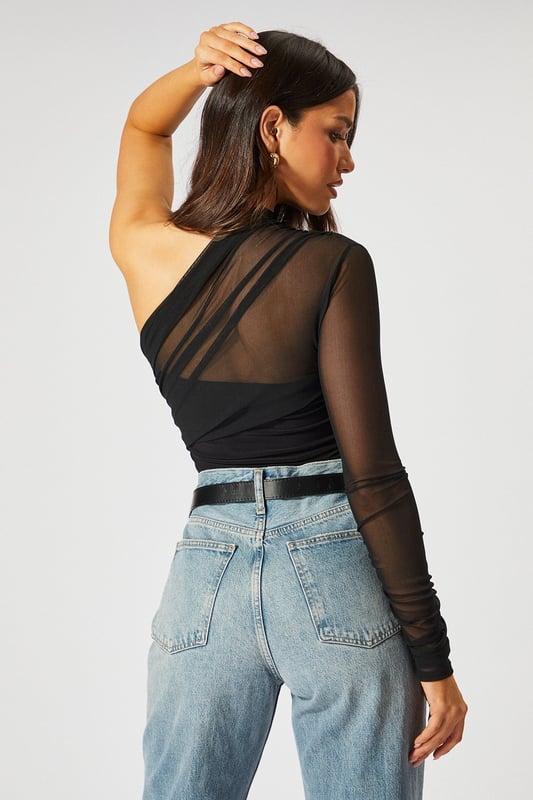 Striking one-shoulder design for a bold, asymmetric look
        Sheer mesh long sleeve adds allure and intrigue
        Figure-hugging bodysuit silhouette for a sleek fit
        Versatile piece that can be dressed up or down
        Perfect for making a statement on nights out
    
    Make heads turn in this daring mesh one-shoulder bodysuit from MissPap. The asymmetric neckline and sheer long sleeve create a captivating contrast, while the form-fitting silhouette accentuates your curves. For a night out on the town, pair it with high-waisted wide-leg jeans and statement heels to create a look that's both edgy and chic. Add some sparkle with bold earrings and a metallic clutch. When it's time to hit the dance floor, swap the jeans for a sleek mini skirt and strappy sandals. This versatile piece can also be layered under a blazer for a more sophisticated ensemble. Whether you're heading to a trendy bar or a pulsing nightclub, this bodysuit ensures you'll be the centre of attention all night long.