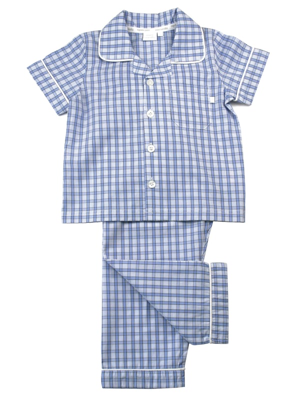 Boys mini check PJ set in shades of mid blue. Spring & Summer weight 100% Cotton with short sleeves
Classic traditional styling, engraved pearl effect buttons and contrast piping. With an elastic waist, making them easy to get on and off 
100% Cotton
Elastic waist
Front pocket
Button through top
Machine washable
Contrast piping detail