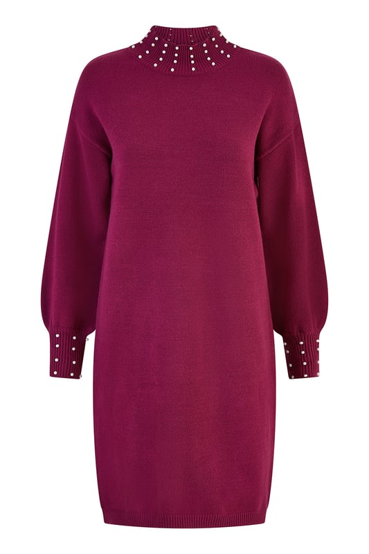 Plum Pearl Detail Knitted Relaxed Jumper Dress