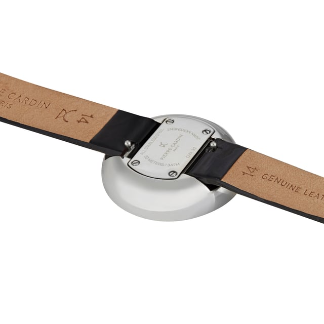 This Pierre Cardin Marais Analogue Watch for Women is the perfect timepiece to wear or to gift. It's Silver 32 mm Round case combined with the comfortable Black Leather watch band will ensure you enjoy this stunning timepiece without any compromise. Operated by a high quality Quartz movement and water resistant to 3 bars, your watch will keep ticking. This casual and modern watch is perfect for all kind of casual activities, indoor activities or daily use, it's also a great gift for family and friend. High quality 19 cm length and  14 mm width Black Leather strap with a Buckle Case diameter: 32 mm,case thickness: 8.1 mm, case colour: Silver and dial colour: Black