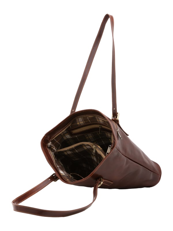 Bolso bandolera para mujer. El cierre es con cremallera. Los bolsillos internos son dos con cremallera y dos abiertos. Los bolsillos externos son uno en la espalda con cremallera. Falta la correa para el hombro. El mango es de piel. Hay dos compartimentos internos. El material exterior es auténtica piel de vacuno. Internamente está forrado en algodón. Medidas: 31x41x10 cm. Hecho en Italia