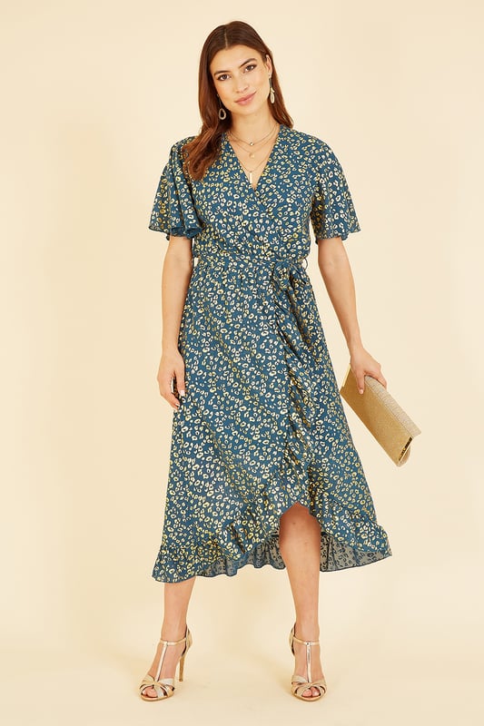 Mela Teal Leopard Foil Print Wrap Midi Dress