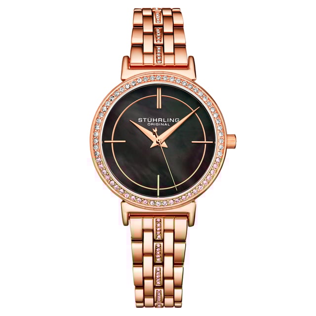 Ladies Quartz Roe/Gold Toned Case, Rose/Gold Toned Crystal Studded Bezel, Black MOP Dial, Rose/Gold Toned Hands and Markers, Rose/Gold Toned Link Bracelet with Crystals Watch