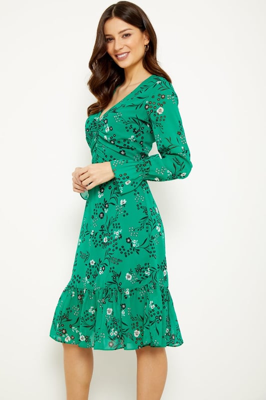 Green Short Sleeve V Neck Printed Flared Dress
