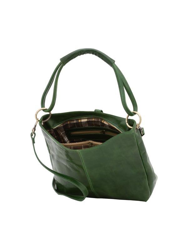 Bolso bandolera para mujer. El cierre es con cremallera. Hay dos bolsillos internos con cremalleras. Los bolsillos externos son uno en la espalda con cremallera. La bandolera es extraíble en piel. El mango es de piel. Hay dos compartimentos internos. El material exterior es auténtica piel de vacuno. Internamente está forrado en algodón. Medidas: 29x32x11 cm. Hecho en Italia