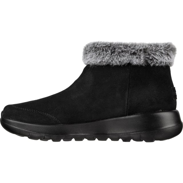 Enjoy the season in plush comfort with Skechers On-the-GO Joy First Glance. This slip-on cold-weather bootie features a 3M Scotchgard treated suede upper with a faux-fur trim and lining plus a Skechers Air-Cooled Goga Mat insole.