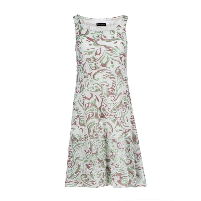 Dieses ärmellose A-Linien-Kleid zeichnet sich durch ein wunderschönes florales Jacquard-Muster aus, das auf einem strukturierten Netzstoff gefertigt ist, was dem Design Tiefe und Eleganz verleiht. Es besteht aus einer Baumwollmischung mit einem Viskose-Jersey-Futter und bietet ein bequemes und atmungsaktives Tragegefühl. Das Kleid endet knapp über dem Knie und ist perfekt für warmes Wetter, da es eine leichte und luftige Silhouette mit stilvollem Flair kombiniert. Ideal für sowohl legere als auch semi-formelle Anlässe.