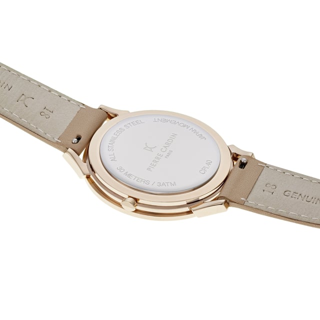 This Pierre Cardin Pigalle Half Moon Analogue Watch for Unisex is the perfect timepiece to wear or to gift. It's Rose Gold 40 mm Round case combined with the comfortable Beige Leather watch band will ensure you enjoy this stunning timepiece without any compromise. Operated by a high quality Quartz movement and water resistant to 3 bars, your watch will keep ticking. The classic colours will go great with any outfit . It enables you to easily spice up a normal outfit and add style to your life. High quality 21 cm length and  18 mm width Beige Leather strap with a Buckle Case diameter: 40 mm,case thickness: 6.55 mm, case colour: Rose Gold and dial colour: White