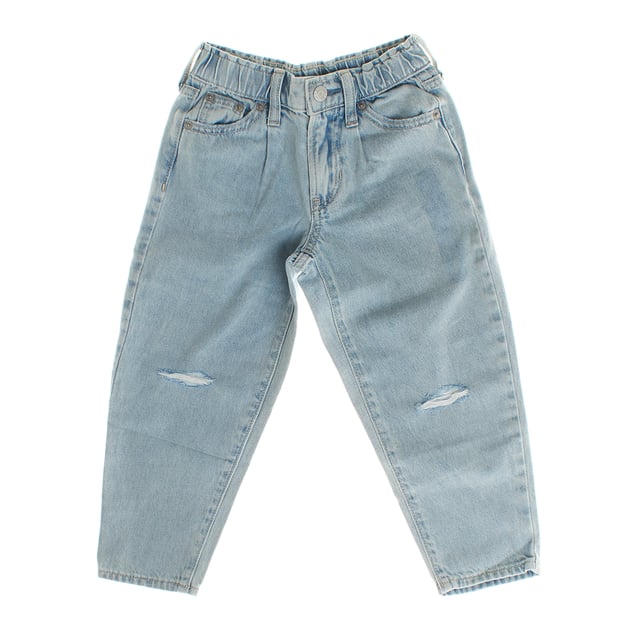 These barrel jeans for girls have a modern and relaxed design, characterized by their looser, high-waisted silhouette, with an adjustable waistband for greater comfort.

 Made from durable denim, it features distressed details on the leg, giving it a casual, fashionable touch.

 The front closure features a button down the center, while sizes 4 through 8 include a convenient hook-and-bar system hidden beneath a faux brooch.

 The classic 5-pocket design offers functionality, while the wide-cut leg that is slightly tapered at the ankles provides a contemporary and versatile look.

 Ideal for a casual and comfortable style, perfect to combine with different clothes.
 Composition: 100% Cotton
 Care:
- Machine wash cold.
 - Use similar colors in the wash.
 - Avoid the use of bleaches.
 - Dry at low temperature in the dryer.
 - Iron at low temperature.
 - Do not dry clean.