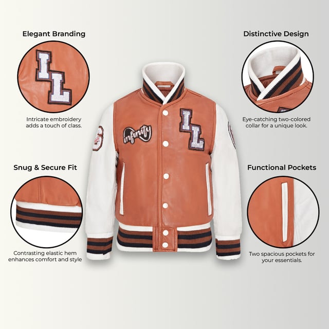 Introducing the Unisex Kids Baseball Leather Jacket, a perfect blend of classic varsity style and modern craftsmanship. This letterman bomber jacket features contrasting sleeves and a striped knit ribbed collar, waistband, and cuffs for a timeless athletic look. The press studs front closure and embroidered brand logo patches on the chest and sleeves add a touch of authenticity and flair. Designed with practicality in mind, it includes two jet pockets at the waist and two inside welt pockets for your essentials. The panelling to the back of the jacket ensures a tailored fit and superior comfort. Contrasting sleeves for a stylish look, Striped knit ribbed collar, waistband, and cuffs for a classic finish, Press studs front closure for easy wear, Embroidered brand logo patches on the chest and sleeves for added detail, Two jet pockets at the waist.