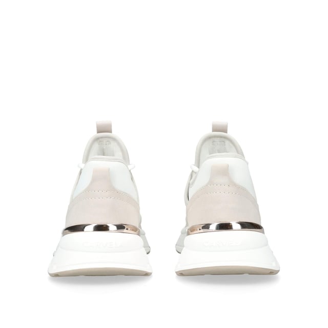 This Carvela Swift Runner trainer features a bone and taupe upper with a snake embossed panel and a metallic eye stay. The front laces up with branded tab at the tongue.