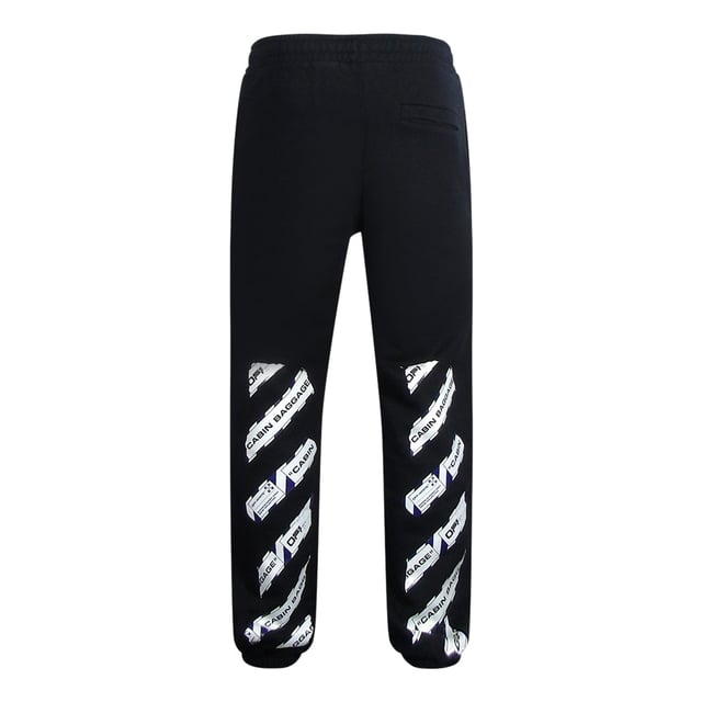 Gebroken witte zwarte joggingbroek, gebroken wit merklogo op het linkerbeen, elastische taille en manchetten, kenmerkend merkontwerp, strepen van luchthaventape op de onderbenen aan de achterkant. 100% katoen, gemaakt in Portugal, zwarte joggingbroek