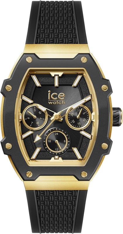 This Ice Watch Ice Boliday - Black Gold Multi Dial Watch for Men is the perfect timepiece to wear or to gift. It's Gold  Tonneau case combined with the comfortable Black Silicone watch band will ensure you enjoy this stunning timepiece without any compromise. Operated by a high quality Quartz movement and water resistant to 5 bars, your watch will keep ticking. Express your timeless elegance with the ICE boliday - Black gold. Its bold combination of deep black and dazzling gold captures the essence of luxury and sophistication. This Multi Dial watch has a calendar function: Day-Date as well as 24-hour Display , Luminous Hands and Luminous Numbers High quality 21 cm length and 21 mm width Black Silicone strap with a Buckle Case measurement: 39 X 50 mm,case thickness: 12 mm, case colour: Gold and dial colour: Black