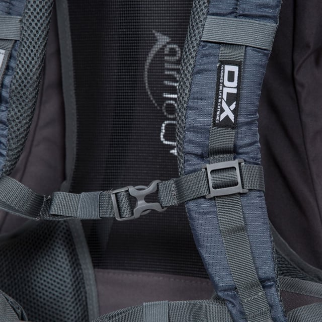 45 litre DLX rucksack. Airflow system. Main pocket. Trekking pole loops. Ice axe loops. Mesh venting system. Hydration pack access. Raincover. 420D Polyester Mini Ripstop. Approx: 20cm x 70cm x 90cm.
