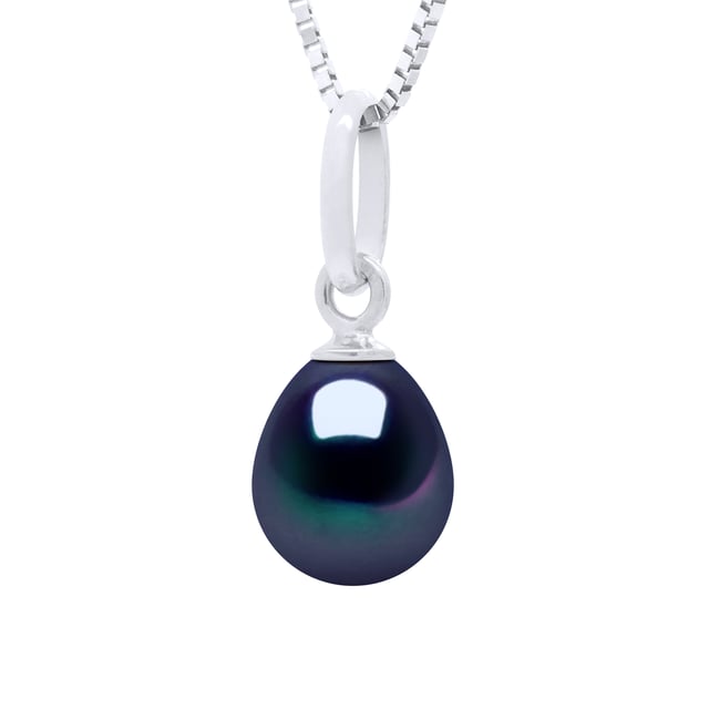 Beaded Pendant Articulated in White Gold 375 and Real Cultured Freshwater Pearl Pear 6-7 mm - COLOR BLACK "TAHITI SYLE" - Delivered with Certificate of Authenticity and International Guarantee - MADE IN FRANCE * This Pendant in V shape will be delivered to you in box with a Silver 925 chain offered for free