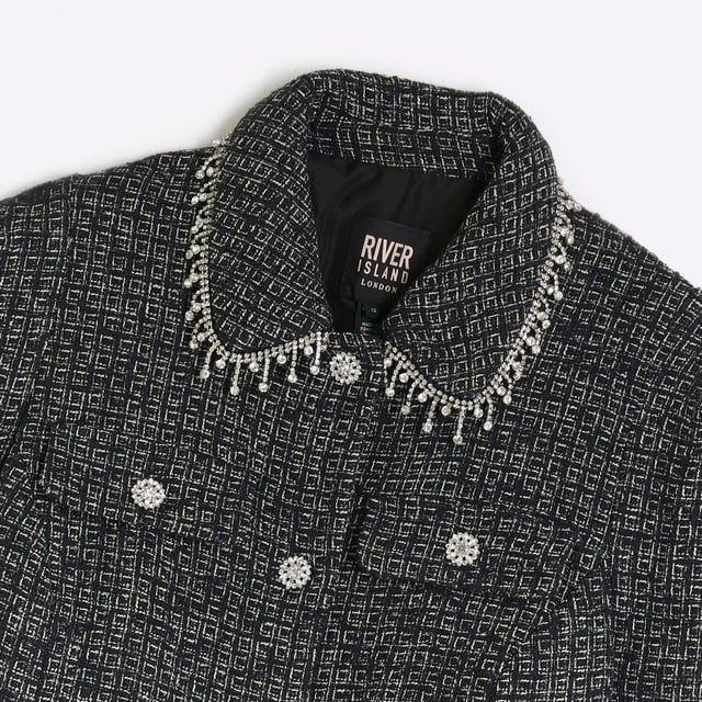 River Island Womens Blazer Black Boucle Diamante Collar