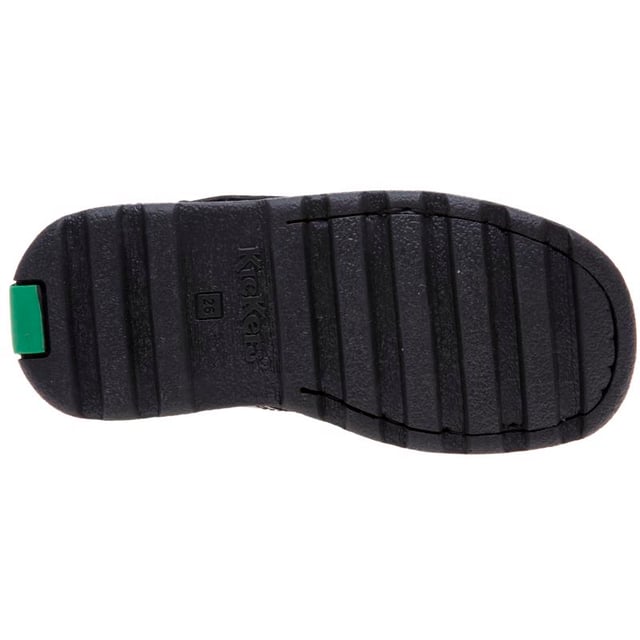 Infant Girls Kickers Fragma T-Bar Patent Shoes in Black- Hook and loop strap fastening- Shiny patent leather upper- Classic triple stitch detail- Iconic red and green logo tabs- Ridged rubber sole for traction and durability- Embossed branding to side- Leather Upper  Textile Lining  Synthetic Sole- Ref: 115178