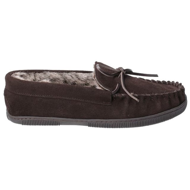 Hush Puppies Mens Ace Slip On Leather Slipper (Chocolate) Real suede upper. Faux fur lining and sock. Soft, flexible, hard wearing indoor/outdoor sole. Memory foam comfort sock. Gift boxed.