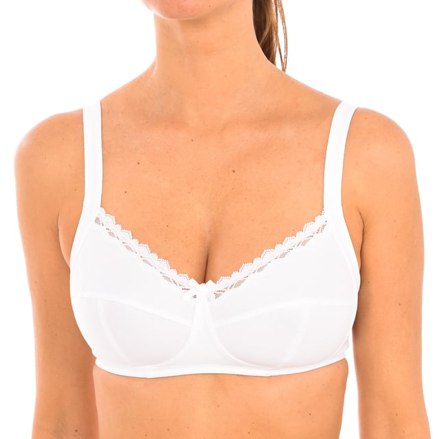 Beha van het merk DIM.
 Draadloze beha.
 Cups zonder schuim.
 Katoenen cups, met kanten details aan de bovenkant.
 Elastische en verstelbare bandjes.
 Rugsluiting met haakjes in drie standen.
 Elastische zijkanten.
 Naden in toon zichtbaar.
 Samenstelling: 53% Katoen, 33% Polyamide, 14% Elastaan
 Onderhoud:
Wassen op max. temperatuur 30º.
 Geen bleekmiddel gebruiken.
 Niet in de droger.
 Niet strijken.
 Niet chemisch reinigen.