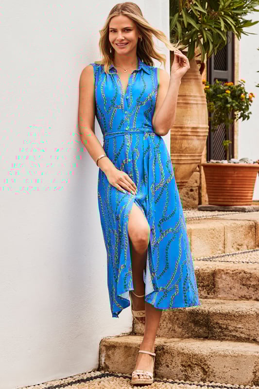 Blue Chain Print Sleeveless Midi Shirt Dress