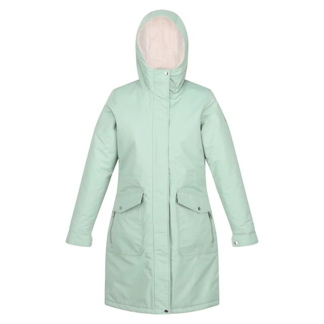 Material: 100% polyester. Foder: Taffeta. Tyg: Taslan, ylleffekt. Design: Logotyp. Tygteknik: Andningsbart, DWR Finish, Isolerande, Isotex 5000, Quick Dry, Thermo-Guard, Vattentätt, Vindtätt. Tejpade sömmar. Manschett: Pälskant i fuskpäls, uppvikt manschett. Halsringning: Huva. Ärmtyp: Långärmad. Funktioner på huva: Fuskpäls, växer på huvan. Längd: Mellanlång. Fickor: 2 nedre fickor, lapp, dragkedja, handvärmare. Fästning: Tvåvägsdragkedja. 5000g/m¬?/24 timmar.