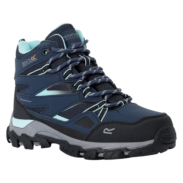 Regatta Childrens/Kids Holcombe III Walking Boots (Navy/Aruba Blue) Upper: Durable, Synthetic, Water Resistant. Fabric: TECFOAM. Insole: Isotex Membrane, Synthetic. Midsole: XLT. Outsole: Duo Grip, Stability Plates, Synthetic. Fabric Technology: Breathable, Isotex, Waterproof. Covered Vamp, Foam Collar, Padded Tongue, Pull Tab. Flat. Cut: Ankle. Design: Contrast, Logo, Printed, Text. Toe Style: Cap. Fastening: Lace Up, Slip-In.