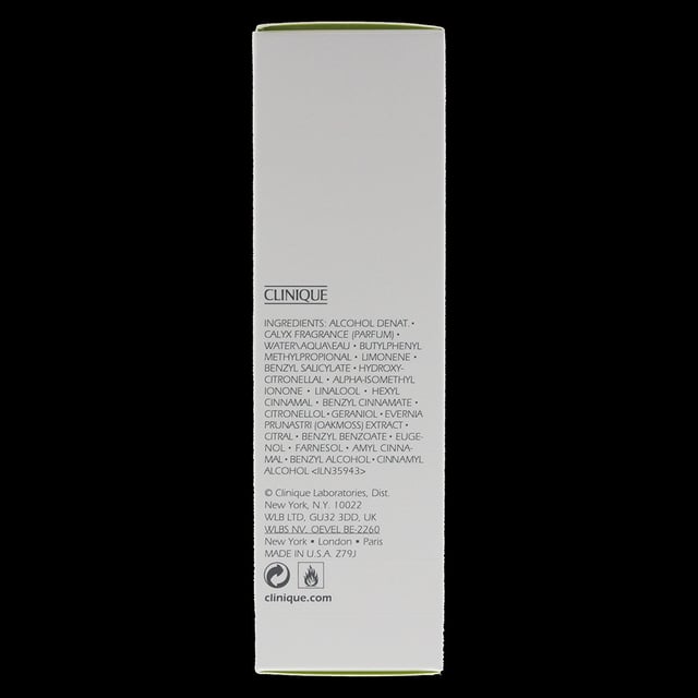 Calyx is a floral fruity fragrance for women. The iconic refreshing scent Calyx was originally launched in 1987 under the brand of Prescriptives. New, modern Calyx was re-launched by Clinique in 2013. Top notes: mandarin orange, grapefruit, passionfruit, mango, papaya, guava, green leaves. Middle notes: lily-of-the-valley, freesia, neroli, lily, jasmine, rose, marigold. Base notes: oakmoss, vetiver, sandalwood, orris root.