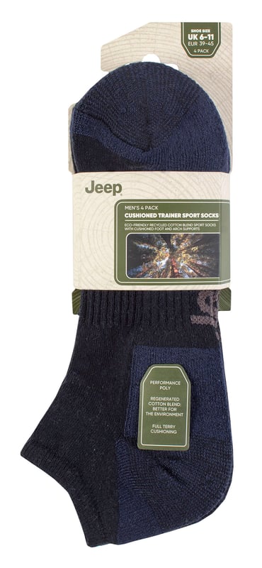 Introducing Jeep Cushioned Sports Trainer Socks - the perfect blend of comfort and sustainability! Made from an eco-friendly recycled cotton blend (60% Polyester, 30% Cotton, 2% Elastane), these socks are both breathable and machine washable at 40°.Designed with a low ankle cut, these trainer socks are ideal for pairing with sports shoes and various trainers. Whether you're going for a long outdoor run or simply seeking extra comfort during work or leisure, these socks have you covered. The half-cushioned sole with terry loop pile padding offers complete protection from toe to heel. Additionally, elasticated arch supports are woven into the mid-foot to ensure a secure fit.Embrace an eco-conscious choice with these cotton blend trainer socks that use recycled fibers, helping conserve valuable resources. Each pack includes four pairs of these high-quality men's Jeep socks. Elevate your sports activities and daily adventures with these durable, comfortable, and environmentally friendly socks!