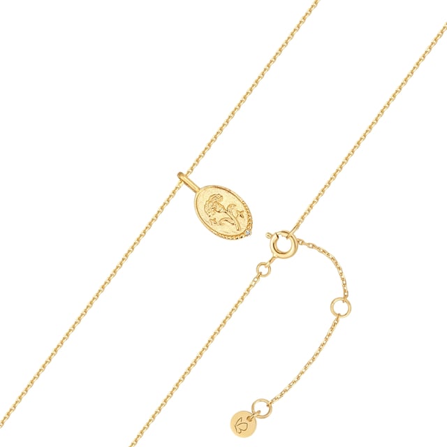 Are you looking for an accessory with character? Then you've come to the right place with the birth flower necklace from Glanzstücken München. The robust carnation, which thrives on poor soils, with its variety of colors symbolizes the characteristics of the January children: they are considered courageous, strong, enthusiastic and fascinating. The floral zodiac sign is embossed as an elaborate relief into an oval pendant and decorated with a glittering zirconia stone. The delicate anchor chain with extension piece and spring ring clasp can be quickly and easily adjusted in length. The chain and pendant are made of sterling silver and finished with classic yellow gold.