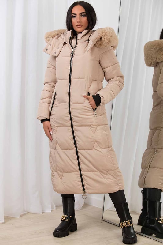 Jess Women’s Long Puffer Coat with Faux Fur Hood Zip Pockets