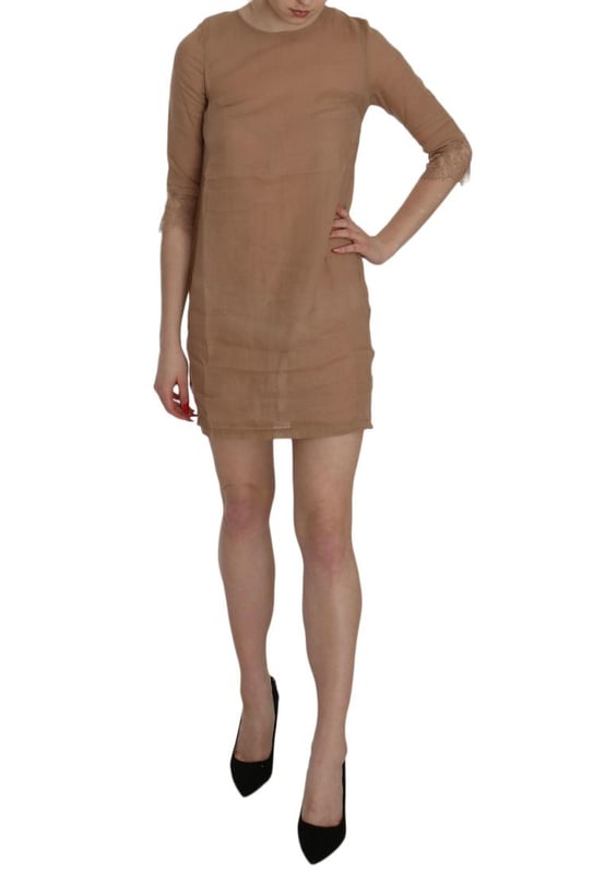 Brand: PINK MEMORIES
  Condition: Brand new with tags
  Style: 3/4 Sleeve Crewneck Shift Mini Dress
  Color: Brown
  Made in Italy
  Material: 100% Linen
  Logo details
  Gender: Women