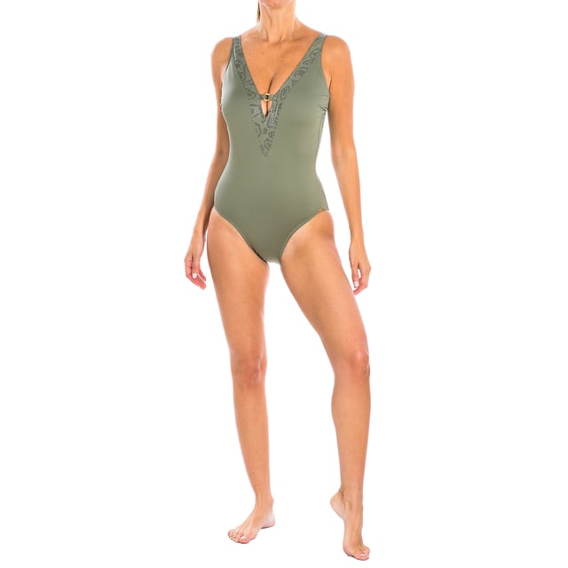 Classic women's swimsuit.
 Deep neckline swimsuit in ory with foam cups and gold detail on the front.
 Colour khaki
 Integrated pads.
 Fixed and adjustable straps.
 Avant-garde fabric with high molding power, high resistance to chlorine, tanning creams and oils, and excellent moisture absorption properties.
 inner lining.

 Composition: Exterior: 85% Ecoyam Polyester, 15% Elastane; Interior: 66% Polyester, 20% Elastane, 14% Polyamide.

 Handwash.
 Do not iron or use bleach.
 Do not tumble dry.
 Do not twist to drain.
 Composition: Exterior: 85% Ecoyam Polyester, 15% Elastane; Interior: 66% Polyester, 20% Elastane, 14% Polyamide.
 Care:
Handwash.
 Do not iron or use bleach.
 Do not tumble dry.
 Do not twist to drain.