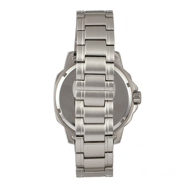 Stainless Steel Band and CaseJapanese Quartz MovementNon-Glare Scratch-Resistant Mineral CrystalLogo-Engraved Stainless Steel CasebackCrown Protector Case DesignTapered Stainless Steel BraceletLogo-Engraved Stainless Steel Butterfly ClaspLuminous HandsDate Display45mm Case Diameter5ATM Water Resistance