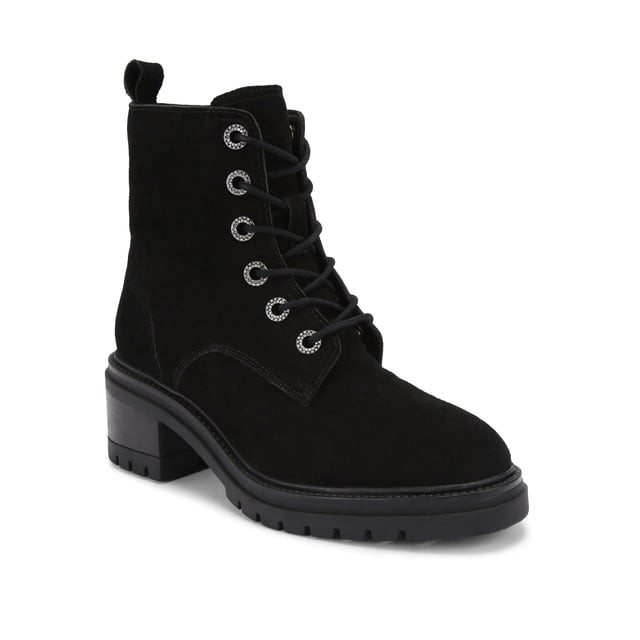 This KG Kurt Geiger Crystal Lace Up Boot features a black suede upper with crystal eyelets at the front. There is a small gunmetal KGL stud at the back of the ankle.