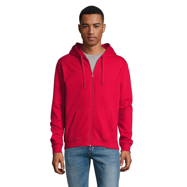 Heren Hoodie. Drop-schouder stijl. Geborsteld rugvlies. Kap met zelfgemaakt koord van stof. Ritssluiting aan de voorzijde over de gehele lengte. Twee voorzakken. Geribbelde manchetten en zoom. 260gsm. Stof: 50% Katoen, 50% Polyester. Herenborst (voor inches): S(36/38), M(38/40), L(41/42), XL(43/44), XXL(45/47).