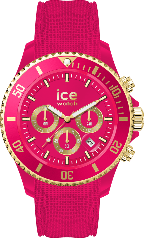 This Ice Watch Ice Chrono - Pink Chronograph Watch for Women is the perfect timepiece to wear or to gift. It's Pink 40 mm Round case combined with the comfortable Pink Silicone watch band will ensure you enjoy this stunning timepiece without any compromise. Operated by a high quality Quartz movement and water resistant to 10 bars, your watch will keep ticking. Still on this trendy and colorful trend, Ice-Watch offers the ICE chrono - Pink! Both feminine and sporty, this watch will perfectly adorn the wrists of active and trendy women, for all occasions in their daily life. This Chronograph watch has a calendar function: Date , Stop Watch , 24-hour Display and Luminous Hands High quality 19 cm length and 19 mm width Pink Silicone strap with a Buckle Case diameter: 40 mm,case thickness: 13 mm, case colour: Pink and dial colour: Pink