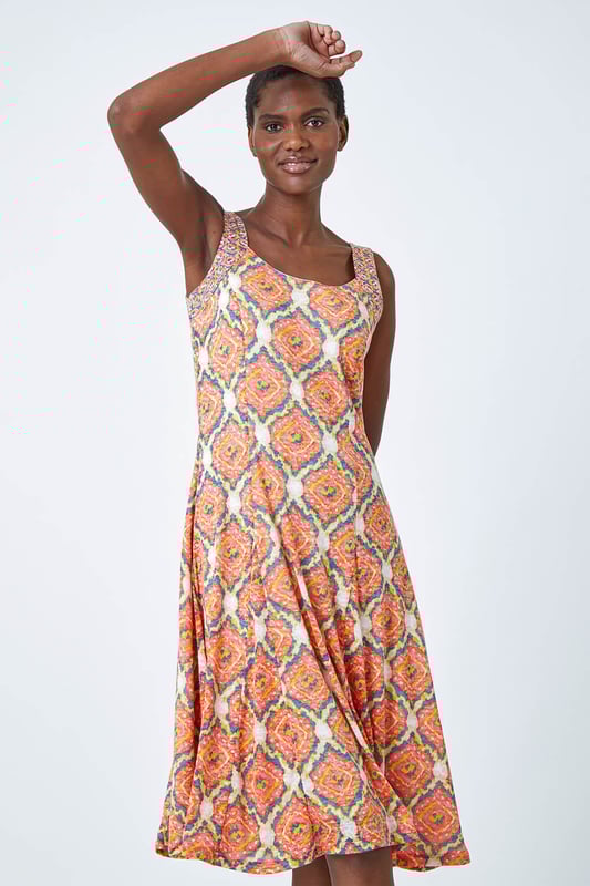 Sleeveless Geometric Print Swing Dress